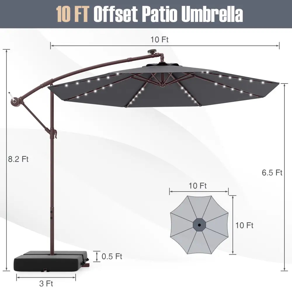 10 Ft Patio Umbrella Offset Cantilever Umbrella with 40 Solar Powered Lights-Gray - Gray - Outdoor Umbrellas