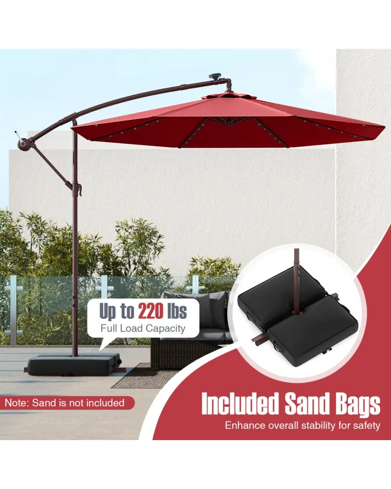 10 Ft Patio Umbrella Offset Cantilever Umbrella with 40 Solar Powered Lights-Red - Red - Outdoor Umbrellas