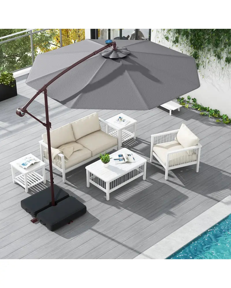 10 Ft Patio Umbrella Offset Cantilever Umbrella with 40 Solar Powered Lights-Gray - Gray - Outdoor Umbrellas
