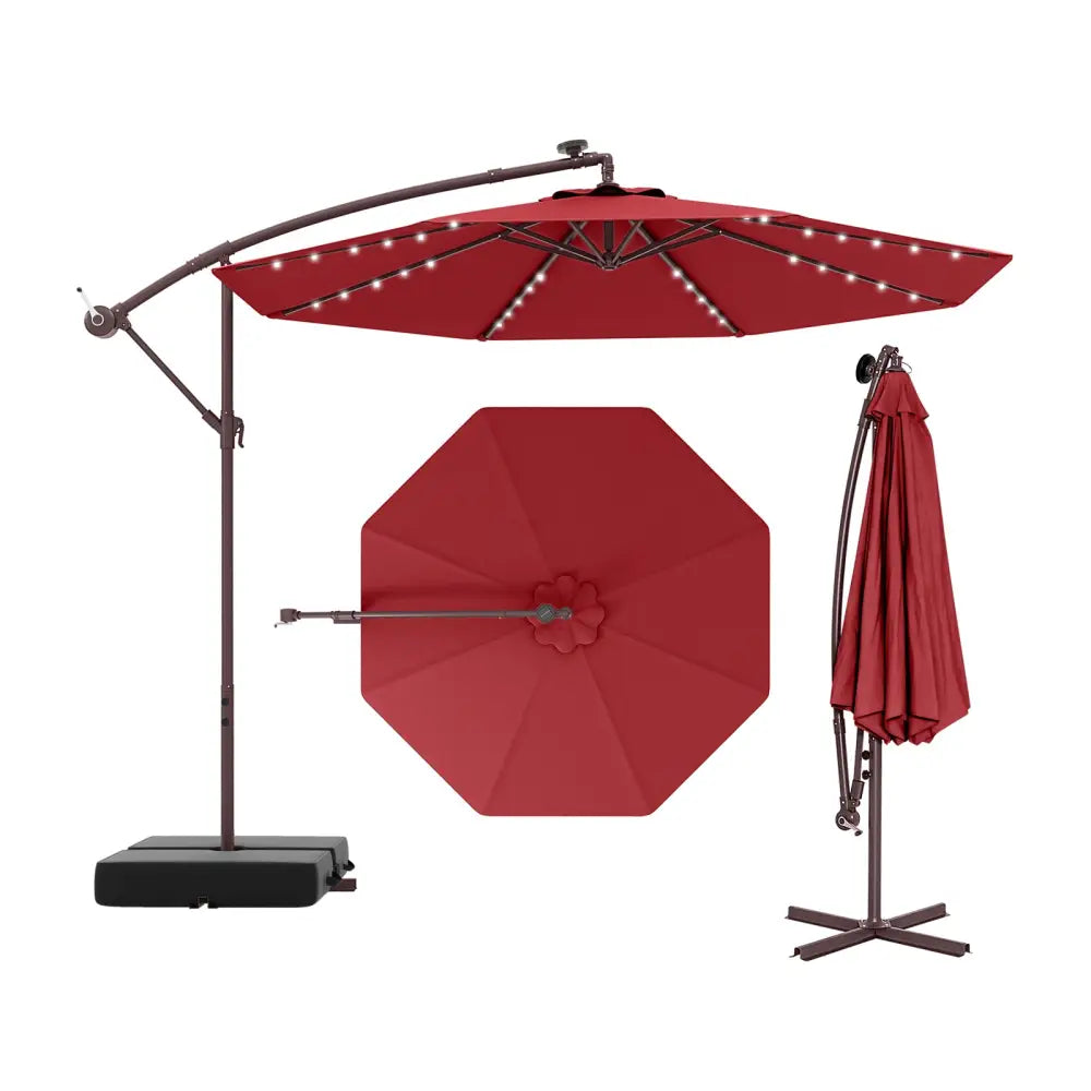10 Ft Patio Umbrella Offset Cantilever Umbrella with 40 Solar Powered Lights-Red - Red - Outdoor Umbrellas