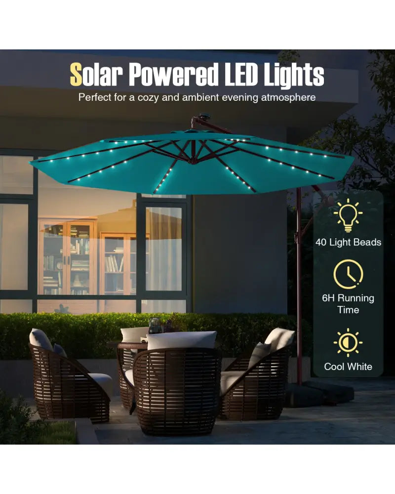 10 Ft Patio Umbrella Offset Cantilever Umbrella with 40 Solar Powered Lights-Turquoise - Turquoise - Outdoor Umbrellas