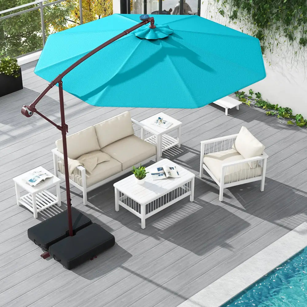 10 Ft Patio Umbrella Offset Cantilever Umbrella with 40 Solar Powered Lights-Turquoise - Turquoise - Outdoor Umbrellas