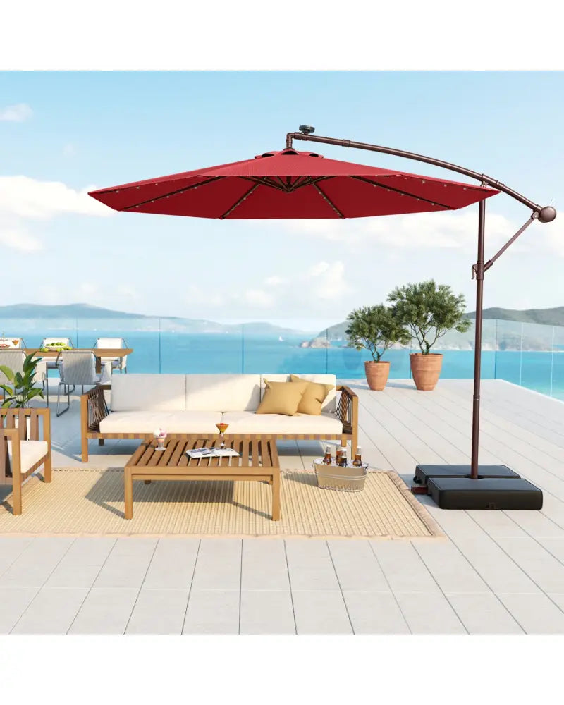 10 Ft Patio Umbrella Offset Cantilever Umbrella with 40 Solar Powered Lights-Red - Red - Outdoor Umbrellas