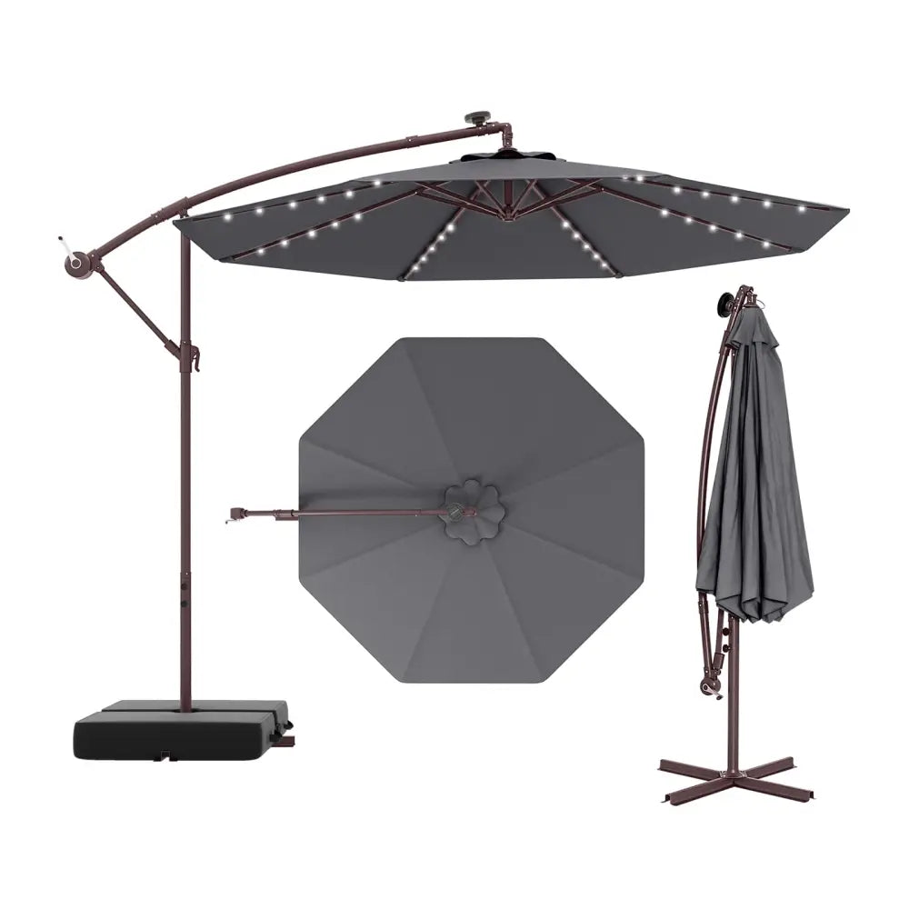 10 Ft Patio Umbrella Offset Cantilever Umbrella with 40 Solar Powered Lights-Gray - Gray - Outdoor Umbrellas