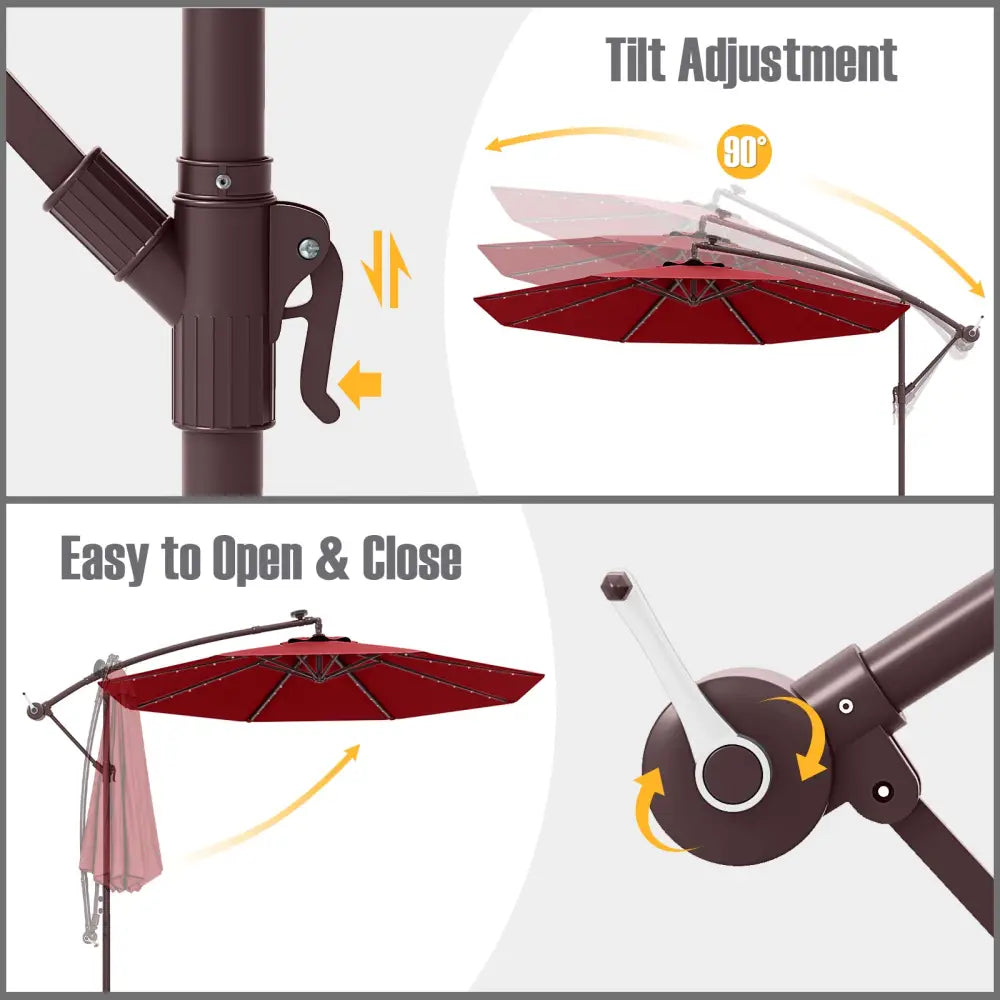 10 Ft Patio Umbrella Offset Cantilever Umbrella with 40 Solar Powered Lights-Red - Red - Outdoor Umbrellas