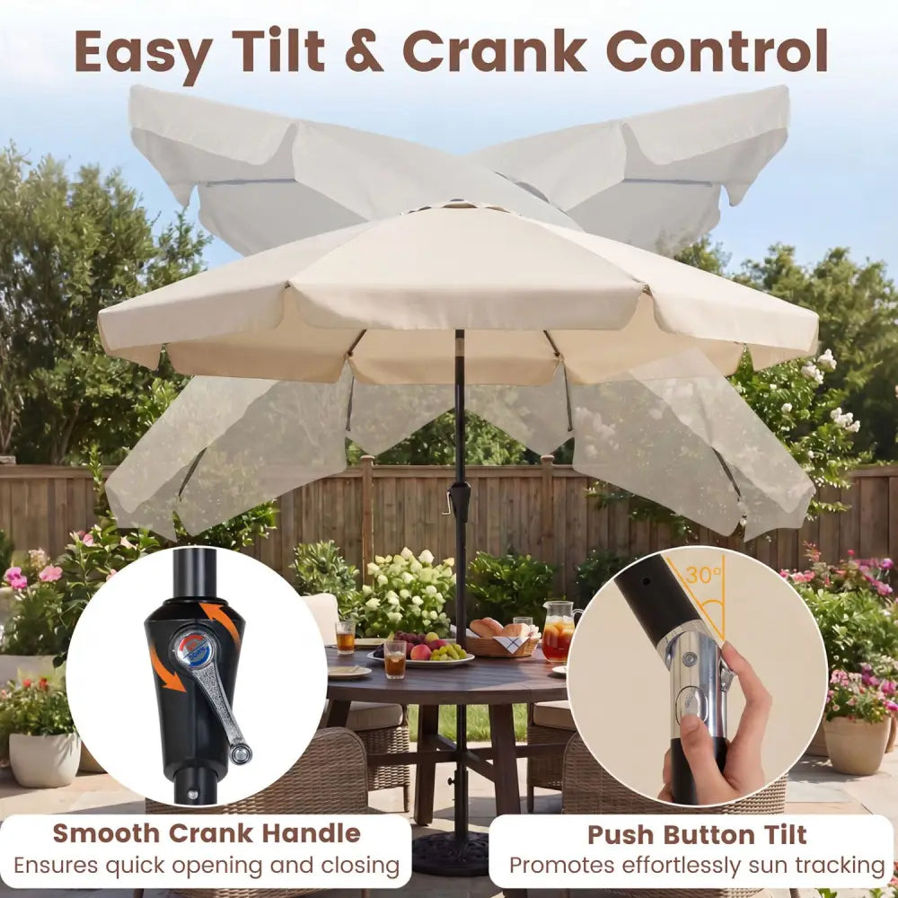 10 FT Scalloped Patio Umbrella with Push Button Tilt and 8 Fiberglass Ribs-Beige - Beige - Outdoor Umbrellas