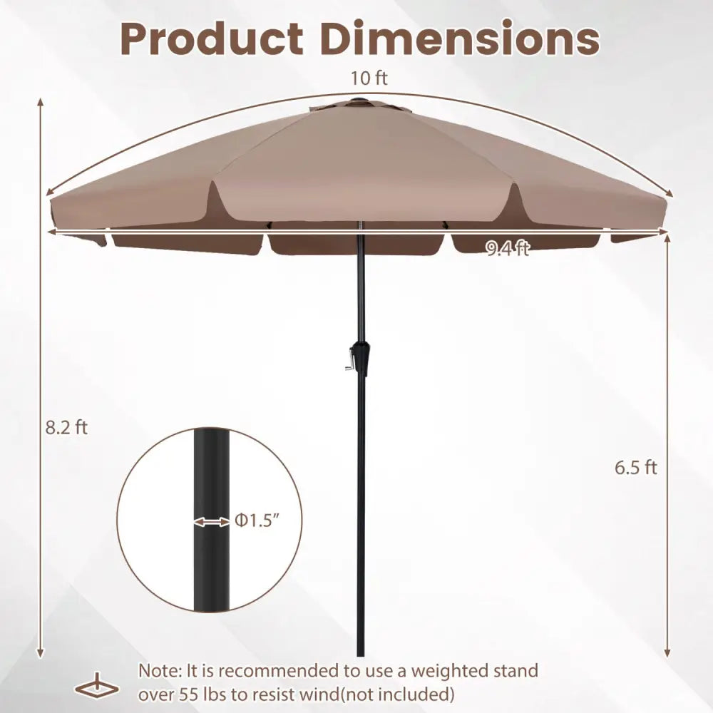 10 FT Scalloped Patio Umbrella with Push Button Tilt and 8 Fiberglass Ribs-Brown - Brown - Outdoor Umbrellas