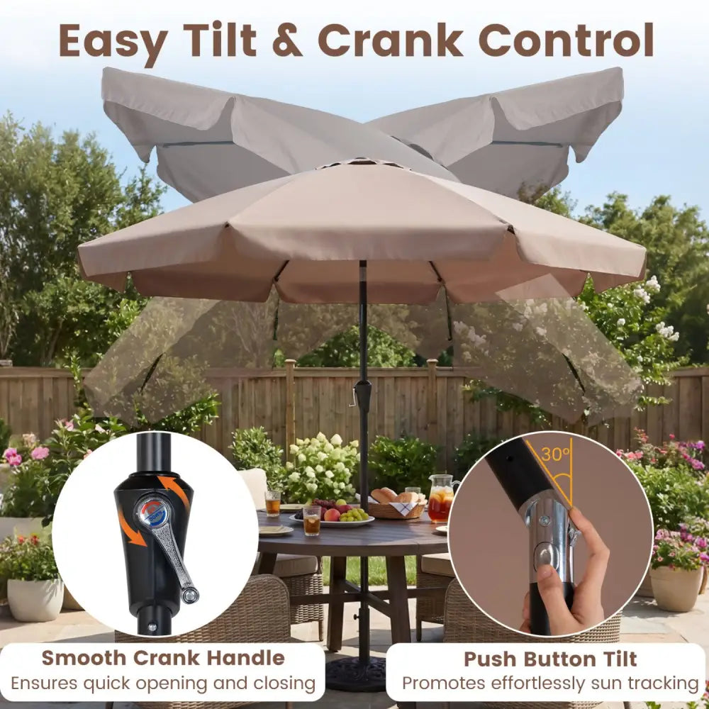 10 FT Scalloped Patio Umbrella with Push Button Tilt and 8 Fiberglass Ribs-Brown - Brown - Outdoor Umbrellas