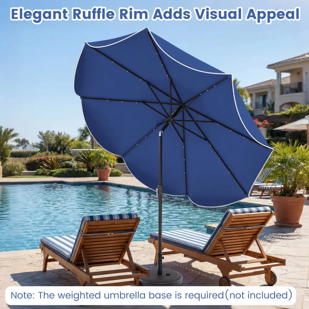 10 FT Scalloped Solar Patio Umbrella with 24 LED Lights and Tilt Adjustment-Navy - Navy - Outdoor Umbrellas