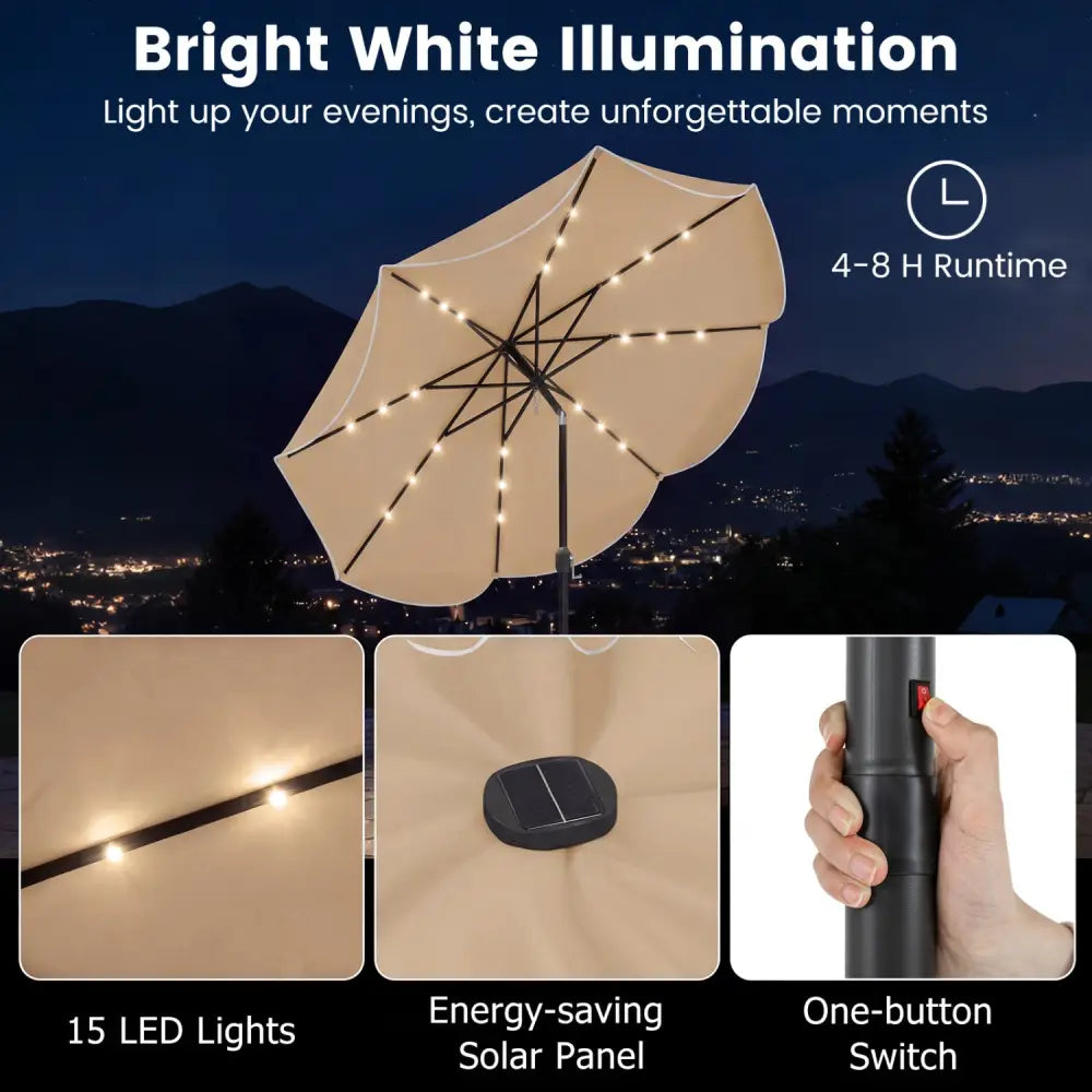 10 FT Scalloped Solar Patio Umbrella with 24 LED Lights and Tilt Adjustment-Tan - Tan - Outdoor Umbrellas