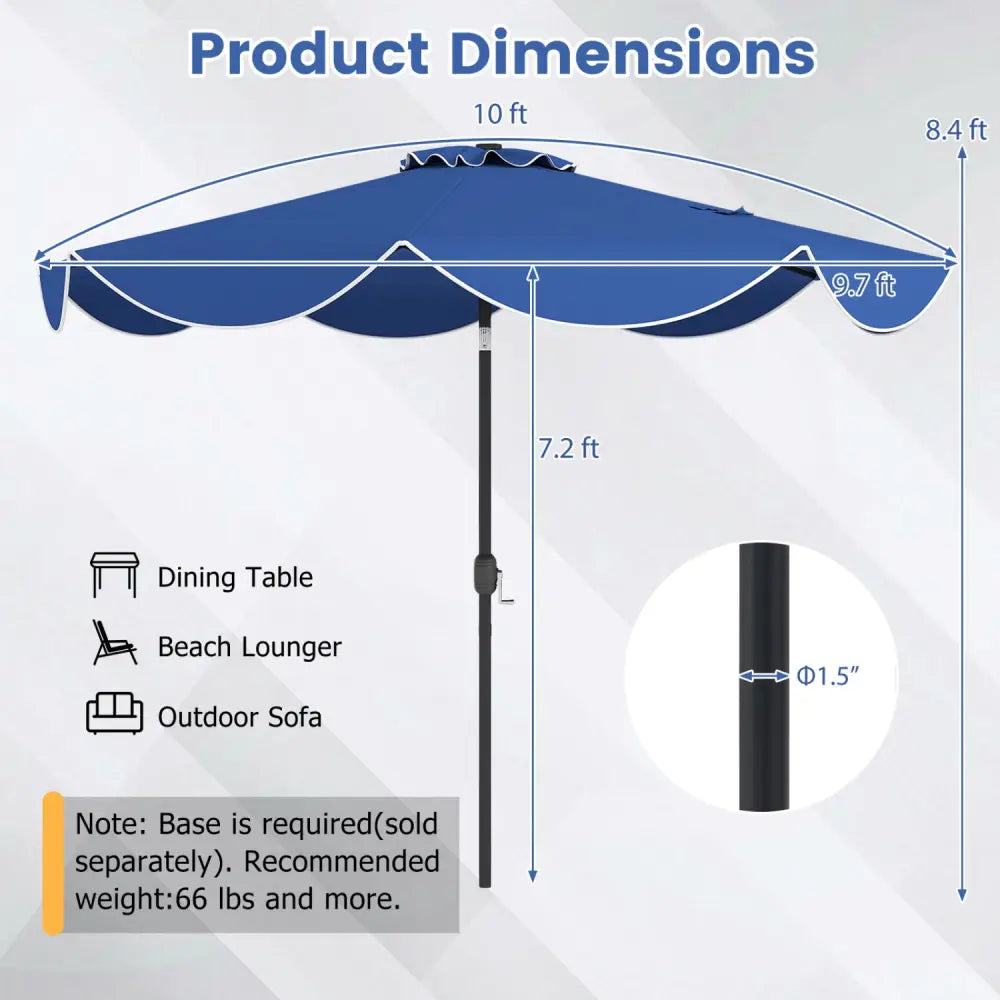 10 FT Scalloped Solar Patio Umbrella with 24 LED Lights and Tilt Adjustment-Navy - Navy - Outdoor Umbrellas