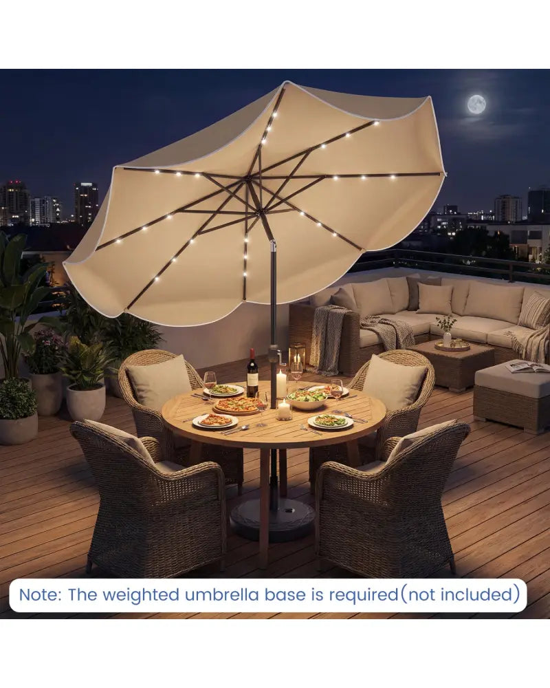 10 FT Scalloped Solar Patio Umbrella with 24 LED Lights and Tilt Adjustment-Tan - Tan - Outdoor Umbrellas
