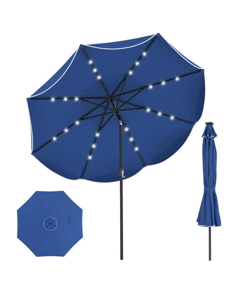 10 FT Scalloped Solar Patio Umbrella with 24 LED Lights and Tilt Adjustment-Navy - Navy - Outdoor Umbrellas