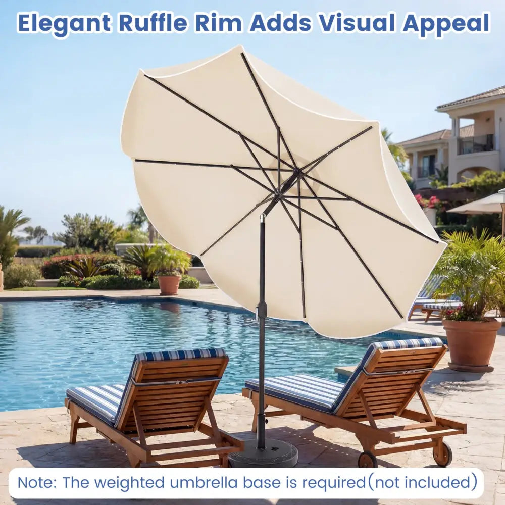 10 FT Scalloped Solar Patio Umbrella with 24 LED Lights and Tilt Adjustment-Beige - Beige - Outdoor Umbrellas