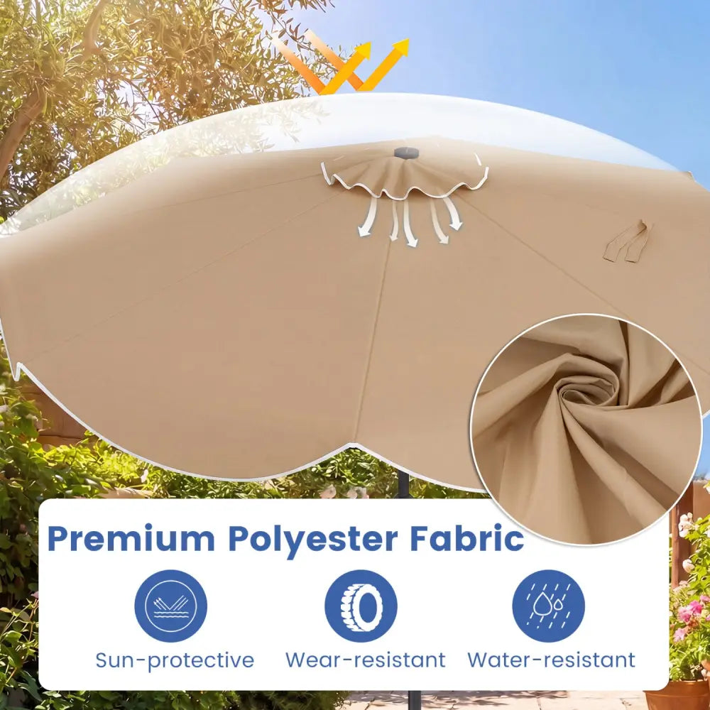 10 FT Scalloped Solar Patio Umbrella with 24 LED Lights and Tilt Adjustment-Tan - Tan - Outdoor Umbrellas