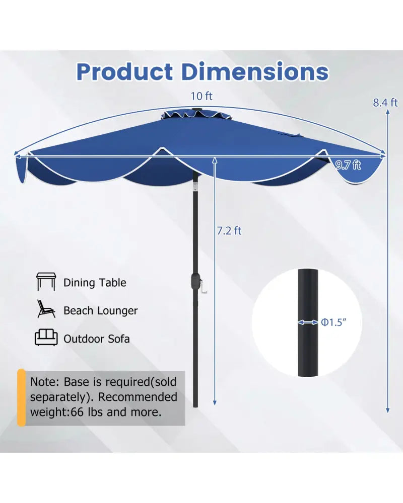 10 FT Scalloped Solar Patio Umbrella with 24 LED Lights and Tilt Adjustment-Navy - Navy - Outdoor Umbrellas