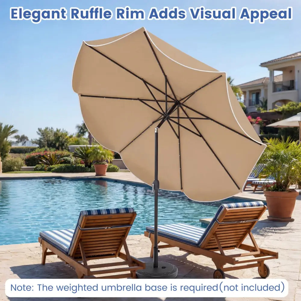10 FT Scalloped Solar Patio Umbrella with 24 LED Lights and Tilt Adjustment-Tan - Tan - Outdoor Umbrellas