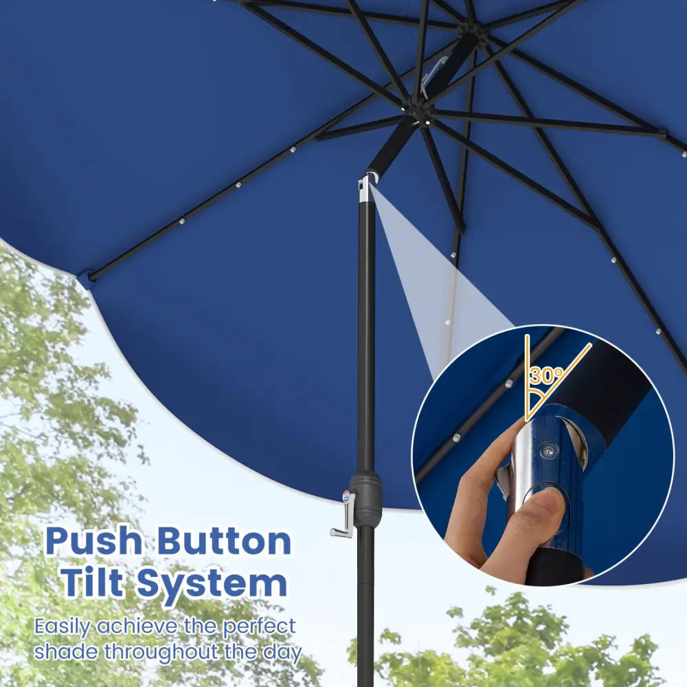 10 FT Scalloped Solar Patio Umbrella with 24 LED Lights and Tilt Adjustment-Navy - Navy - Outdoor Umbrellas