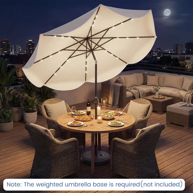 10 FT Scalloped Solar Patio Umbrella with 24 LED Lights and Tilt Adjustment-Beige - Beige - Outdoor Umbrellas