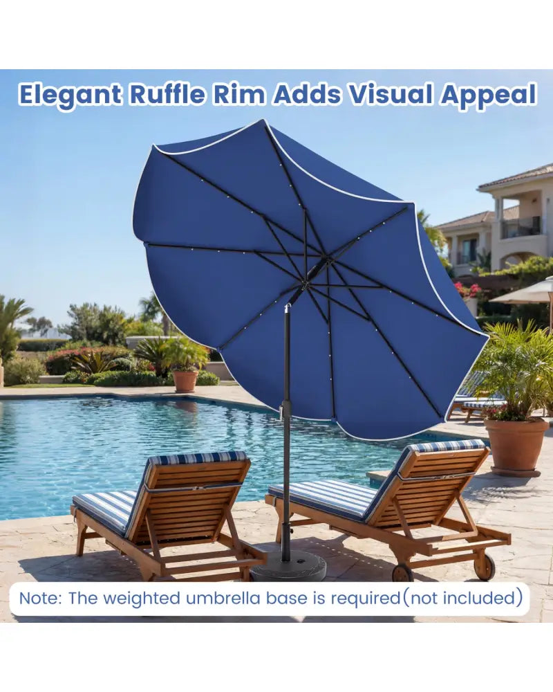 10 FT Scalloped Solar Patio Umbrella with 24 LED Lights and Tilt Adjustment-Navy - Navy - Outdoor Umbrellas