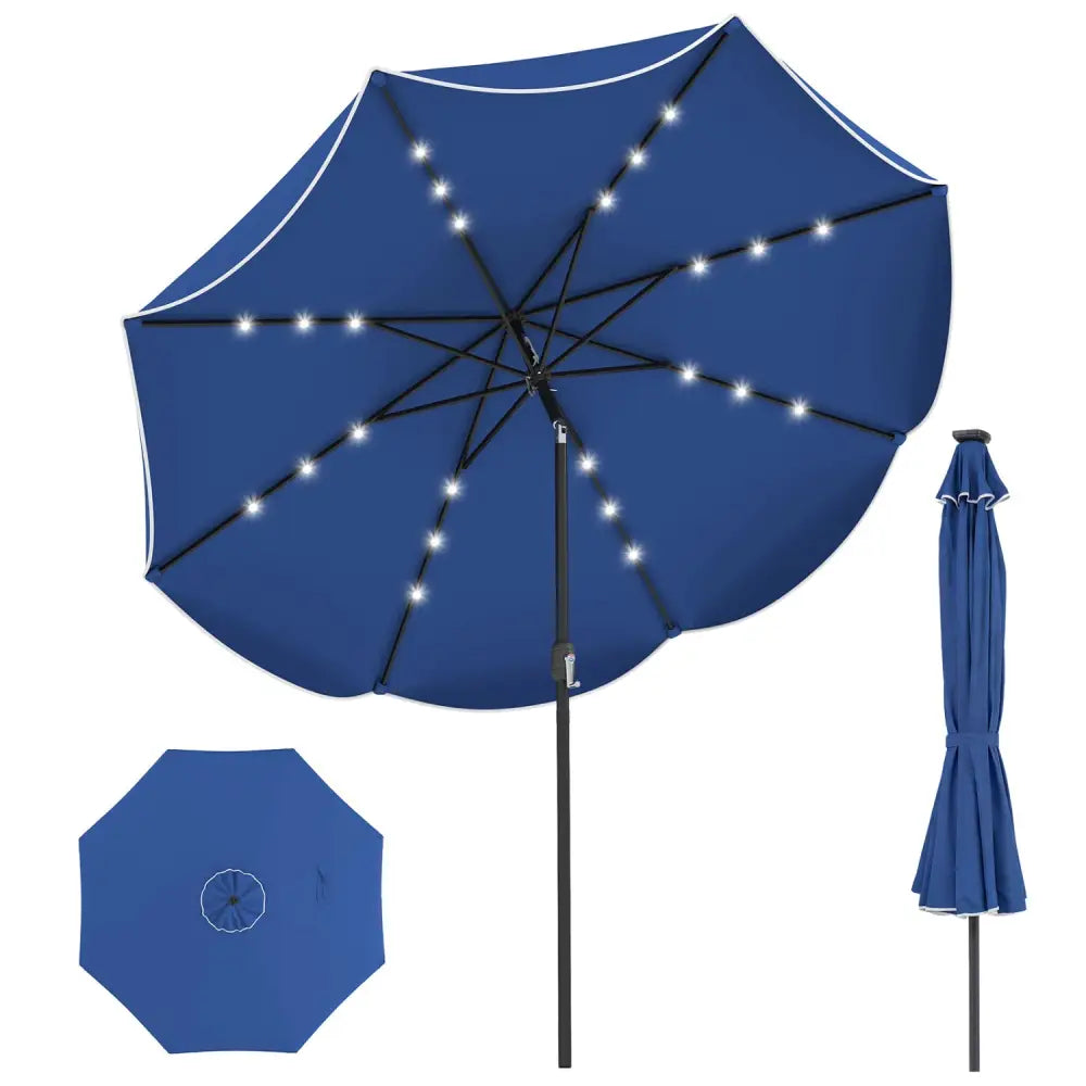 10 FT Scalloped Solar Patio Umbrella with 24 LED Lights and Tilt Adjustment-Navy - Navy - Outdoor Umbrellas