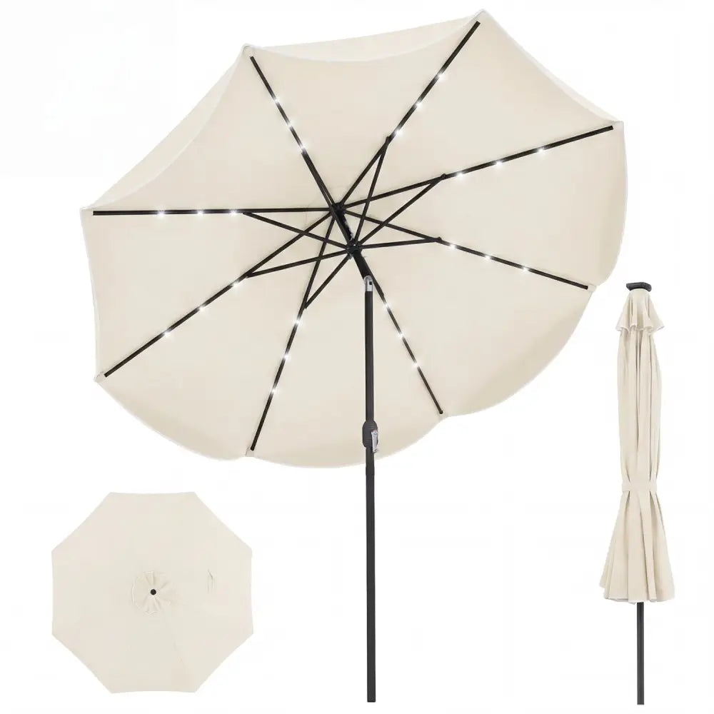 10 FT Scalloped Solar Patio Umbrella with 24 LED Lights and Tilt Adjustment-Beige - Beige - Outdoor Umbrellas