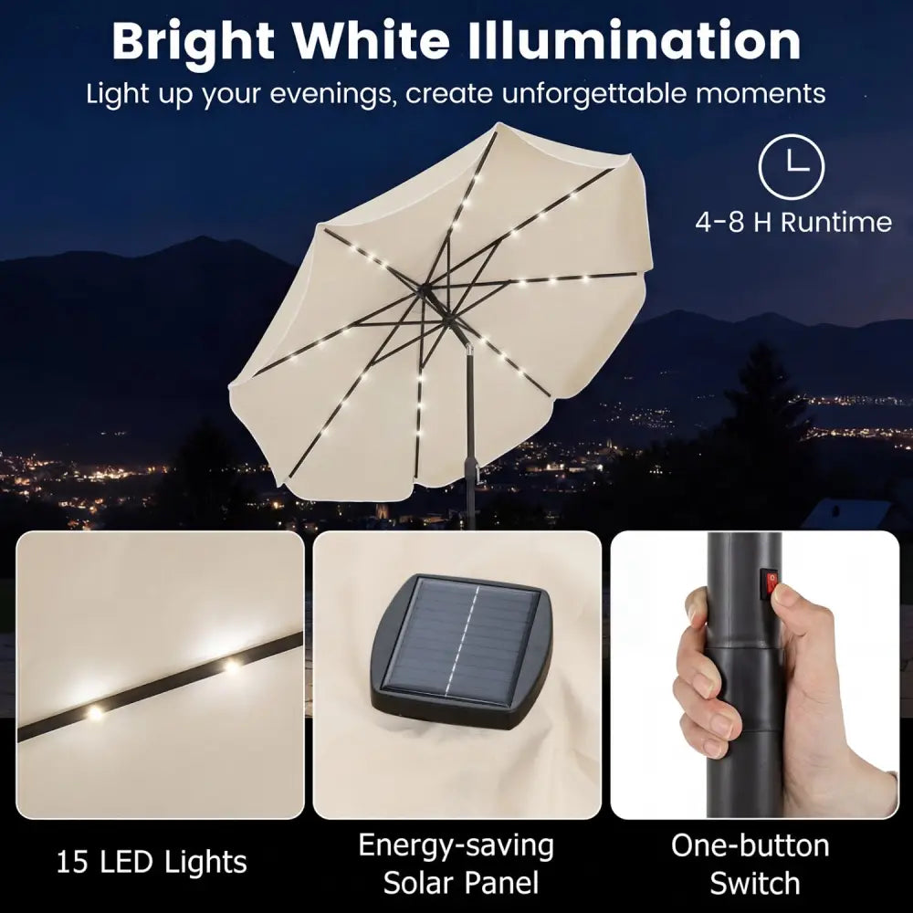 10 FT Scalloped Solar Patio Umbrella with 24 LED Lights and Tilt Adjustment-Beige - Beige - Outdoor Umbrellas