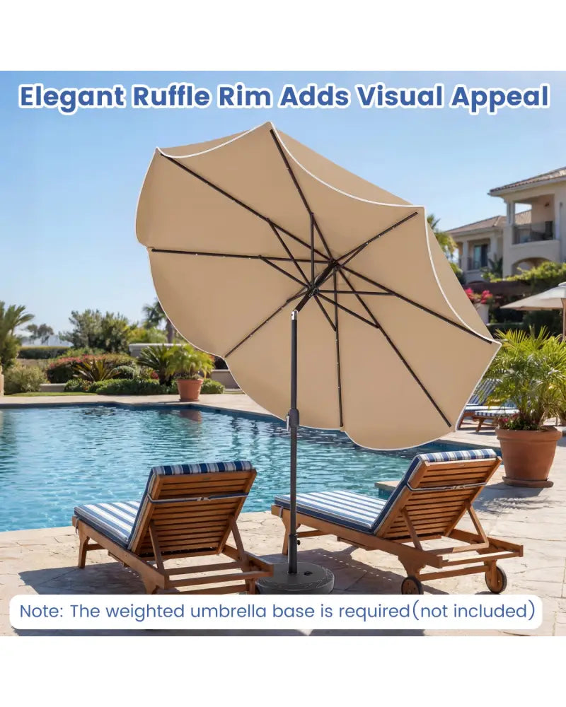 10 FT Scalloped Solar Patio Umbrella with 24 LED Lights and Tilt Adjustment-Tan - Tan - Outdoor Umbrellas