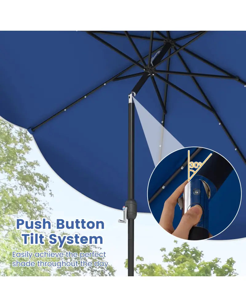 10 FT Scalloped Solar Patio Umbrella with 24 LED Lights and Tilt Adjustment-Navy - Navy - Outdoor Umbrellas