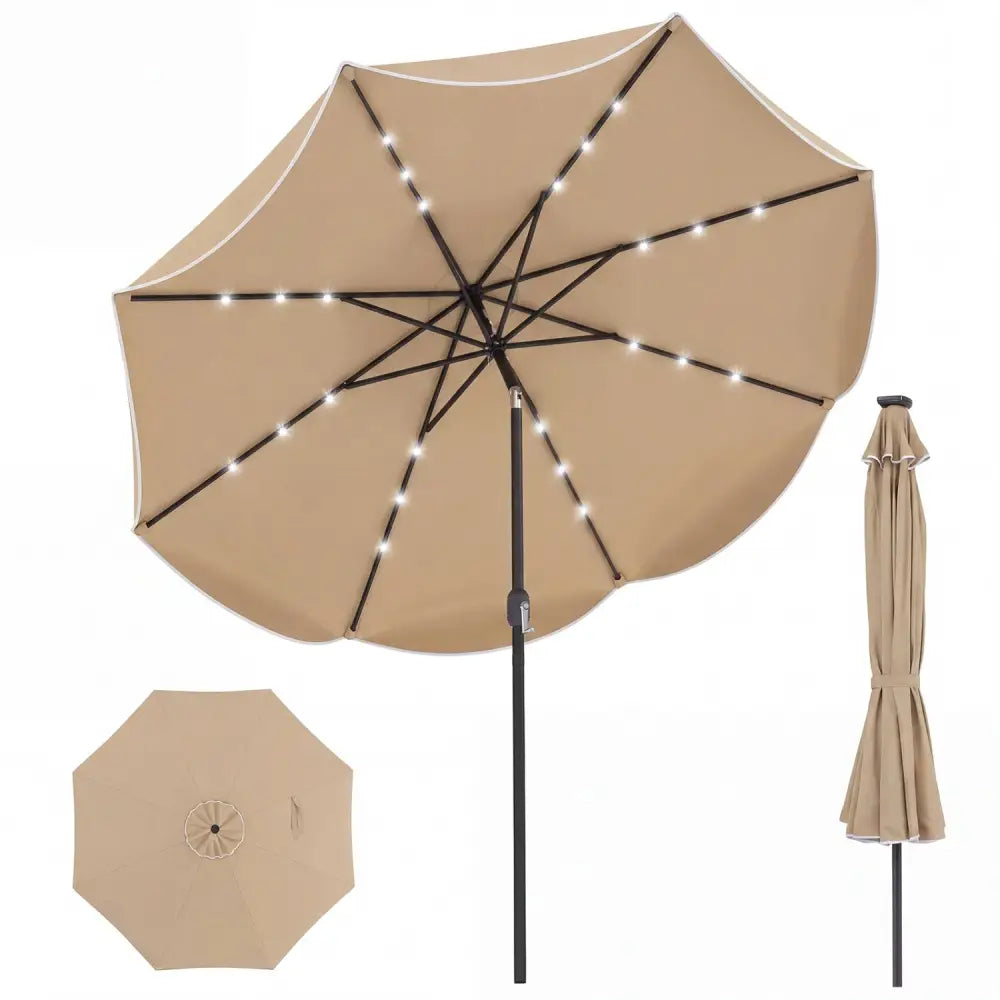 10 FT Scalloped Solar Patio Umbrella with 24 LED Lights and Tilt Adjustment-Tan - Tan - Outdoor Umbrellas