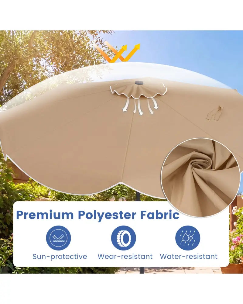 10 FT Scalloped Solar Patio Umbrella with 24 LED Lights and Tilt Adjustment-Tan - Tan - Outdoor Umbrellas