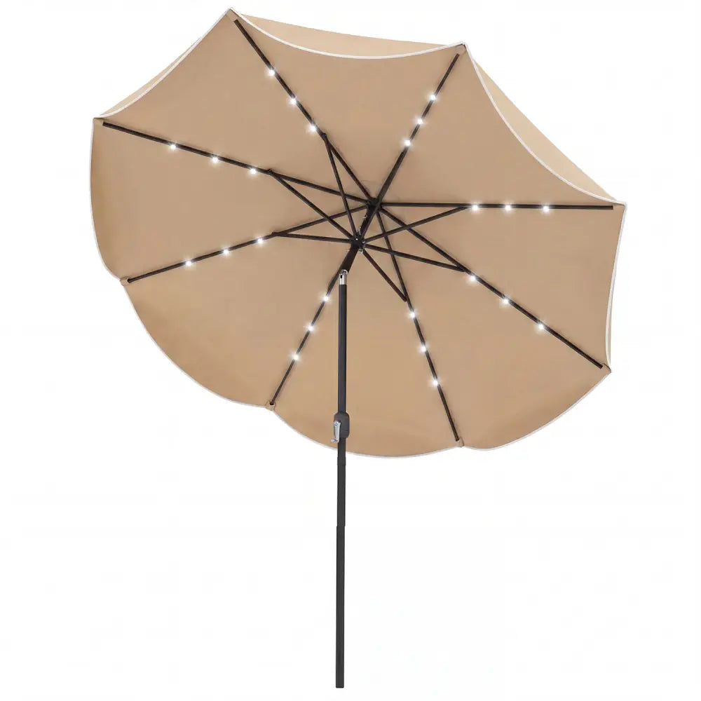 10 FT Scalloped Solar Patio Umbrella with 24 LED Lights and Tilt Adjustment-Tan - Tan - Outdoor Umbrellas
