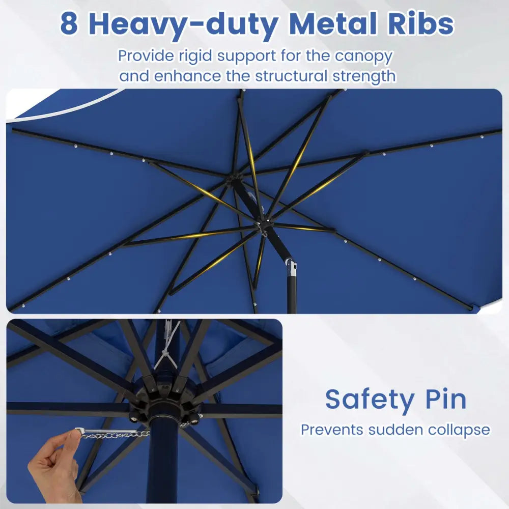 10 FT Scalloped Solar Patio Umbrella with 24 LED Lights and Tilt Adjustment-Navy - Navy - Outdoor Umbrellas
