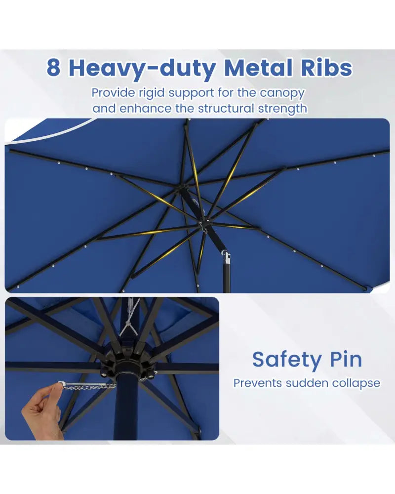 10 FT Scalloped Solar Patio Umbrella with 24 LED Lights and Tilt Adjustment-Navy - Navy - Outdoor Umbrellas