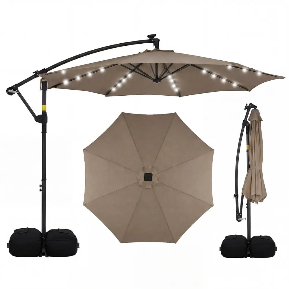 10 FT Solar LED Offset Cantilever Patio Umbrella Hanging Outdoor Market Umbrella-Brown - Brown - Outdoor Umbrellas
