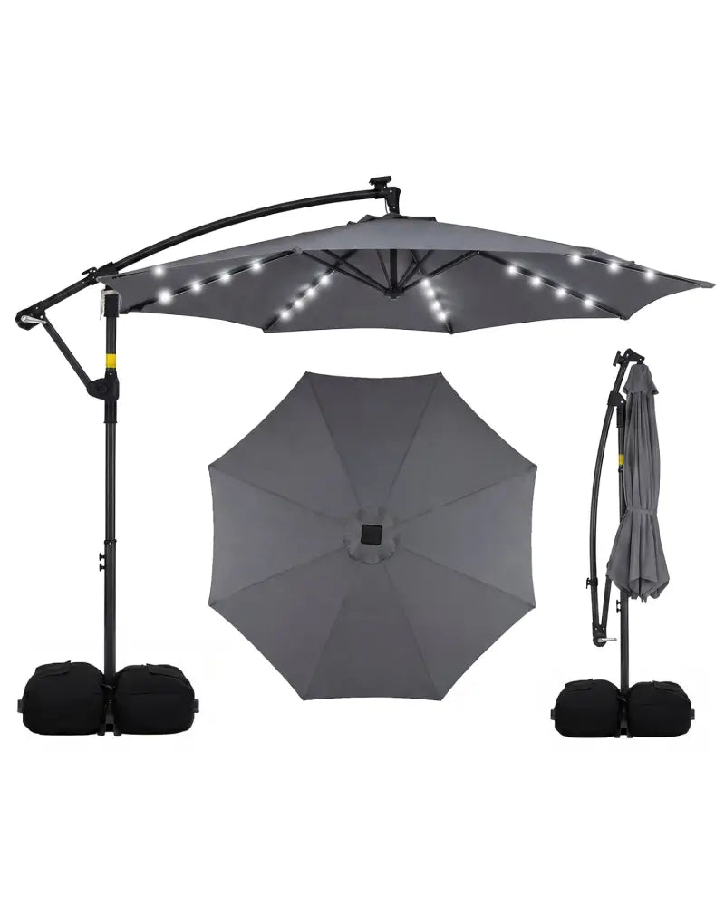 10 FT Solar LED Offset Cantilever Patio Umbrella Hanging Outdoor Market Umbrella-Gray - Gray - Outdoor Umbrellas