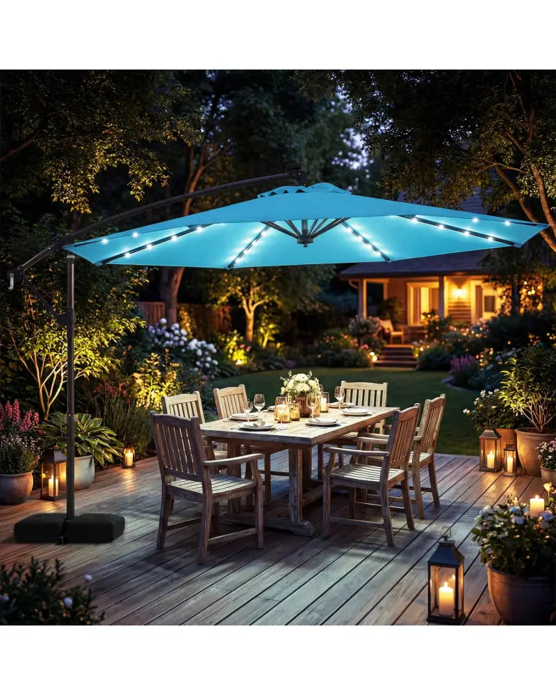 10 FT Solar LED Offset Cantilever Patio Umbrella Hanging Outdoor Market Umbrella-Turquoise - Turquoise - Outdoor