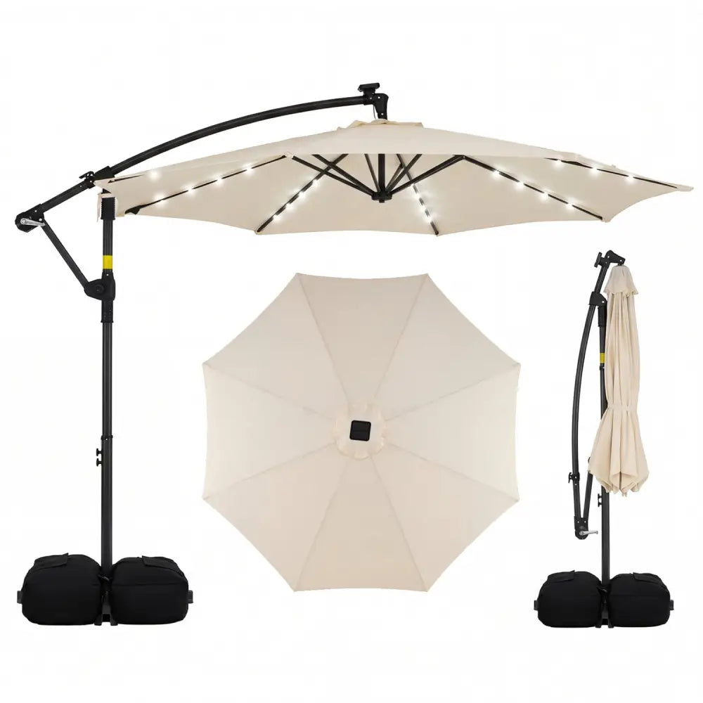 10 FT Solar LED Offset Cantilever Patio Umbrella Hanging Outdoor Market Umbrella-Beige - Beige - Outdoor Umbrellas