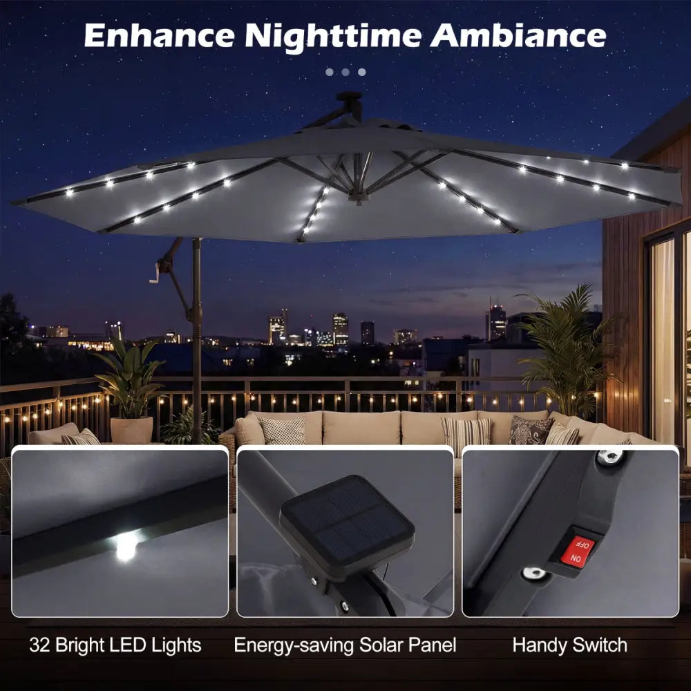 10 FT Solar LED Offset Cantilever Patio Umbrella Hanging Outdoor Market Umbrella-Gray - Gray - Outdoor Umbrellas