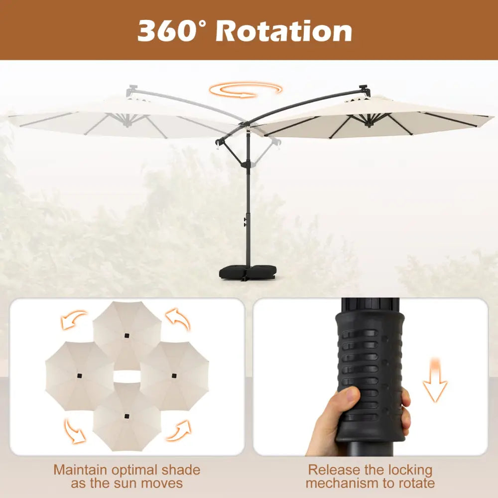 10 FT Solar LED Offset Cantilever Patio Umbrella Hanging Outdoor Market Umbrella-Beige - Beige - Outdoor Umbrellas