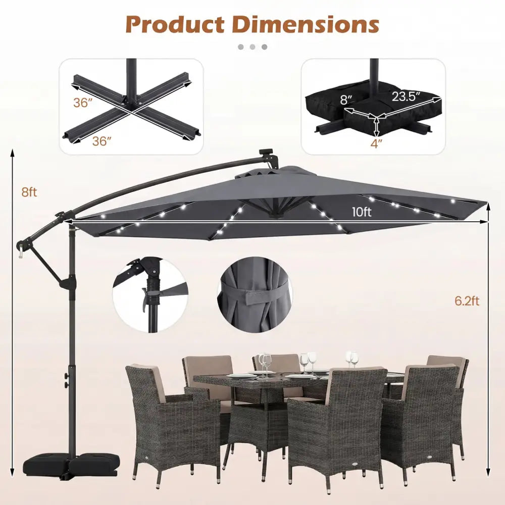 10 FT Solar LED Offset Cantilever Patio Umbrella Hanging Outdoor Market Umbrella-Gray - Gray - Outdoor Umbrellas