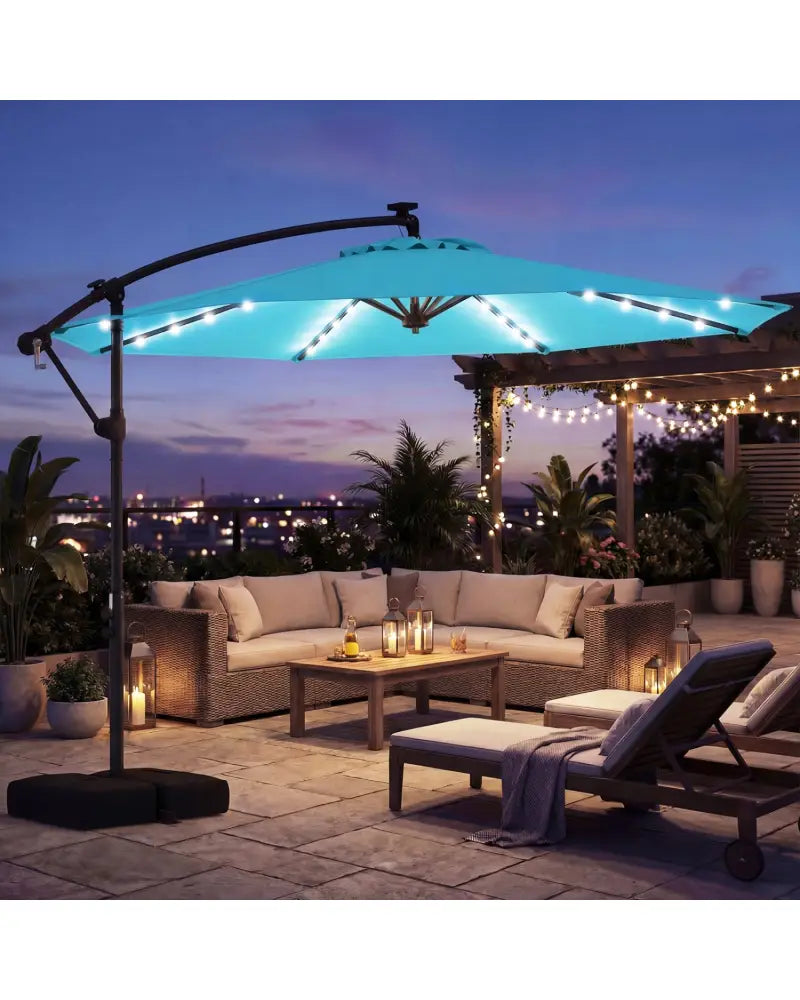 10 FT Solar LED Offset Cantilever Patio Umbrella Hanging Outdoor Market Umbrella-Turquoise - Turquoise - Outdoor