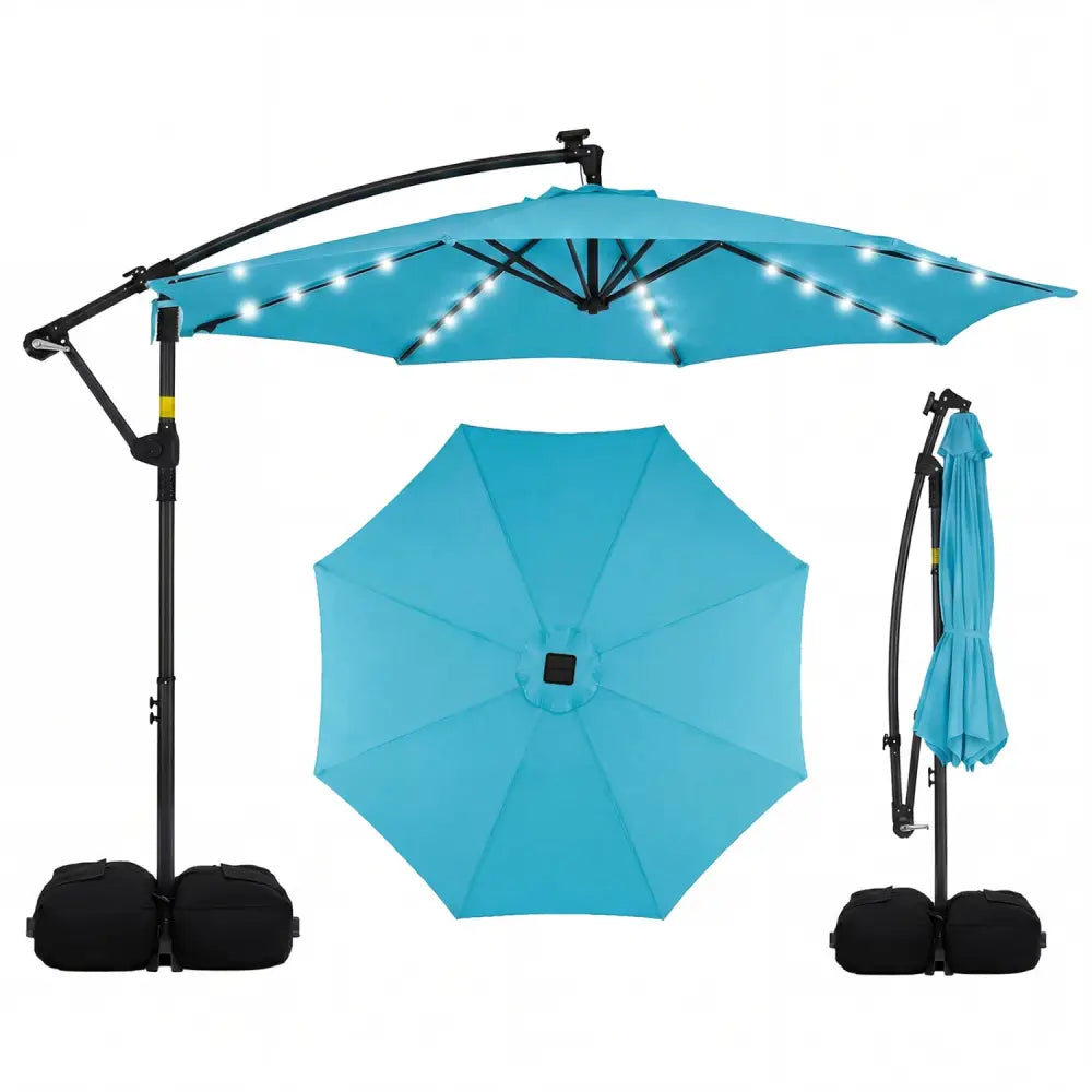 10 FT Solar LED Offset Cantilever Patio Umbrella Hanging Outdoor Market Umbrella-Turquoise - Turquoise - Outdoor