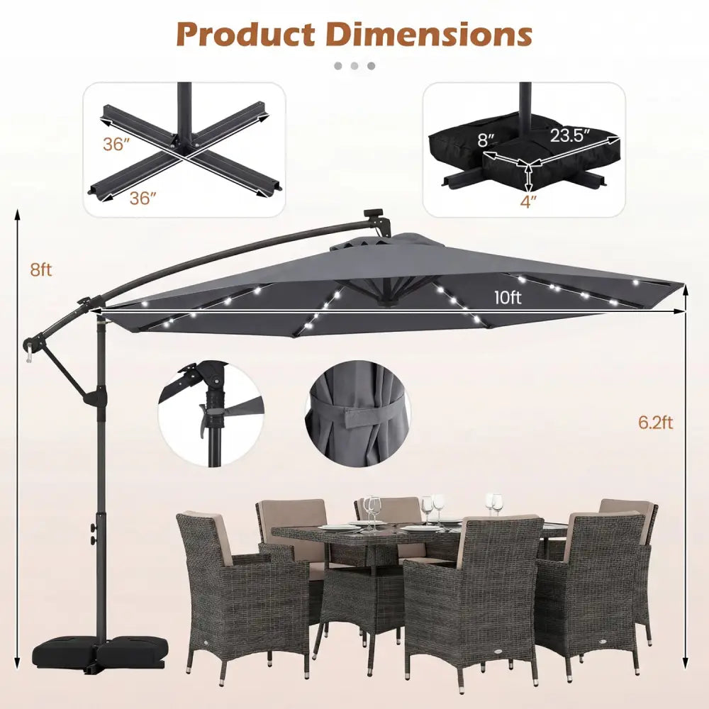 10 FT Solar LED Offset Cantilever Patio Umbrella Hanging Outdoor Market Umbrella-Gray - Gray - Outdoor Umbrellas