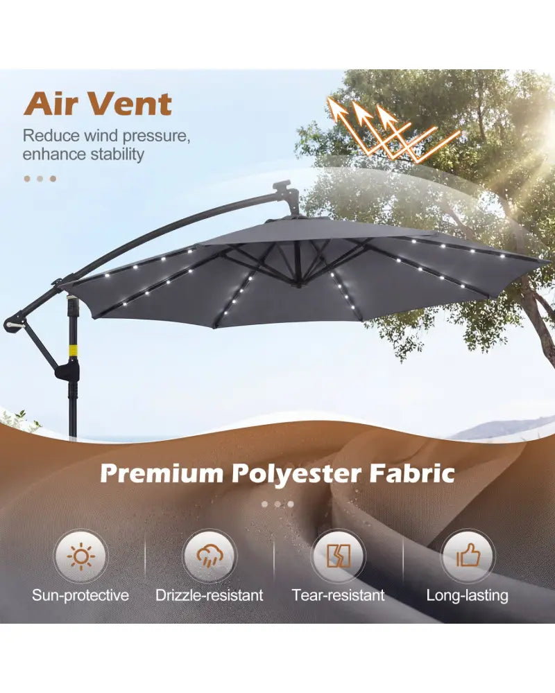 10 FT Solar LED Offset Cantilever Patio Umbrella Hanging Outdoor Market Umbrella-Gray - Gray - Outdoor Umbrellas