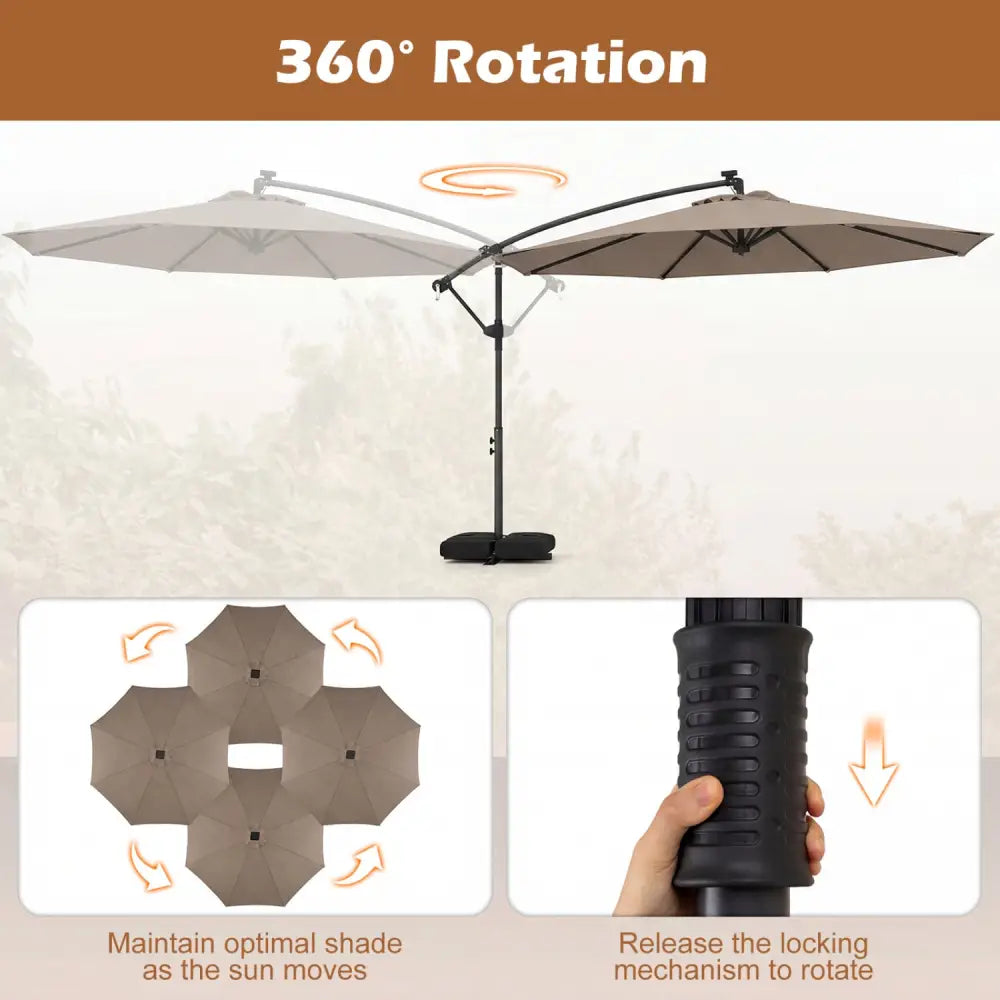 10 FT Solar LED Offset Cantilever Patio Umbrella Hanging Outdoor Market Umbrella-Brown - Brown - Outdoor Umbrellas