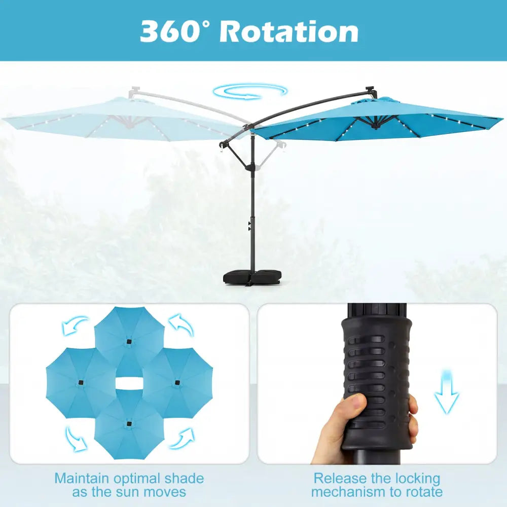 10 FT Solar LED Offset Cantilever Patio Umbrella Hanging Outdoor Market Umbrella-Turquoise - Turquoise - Outdoor