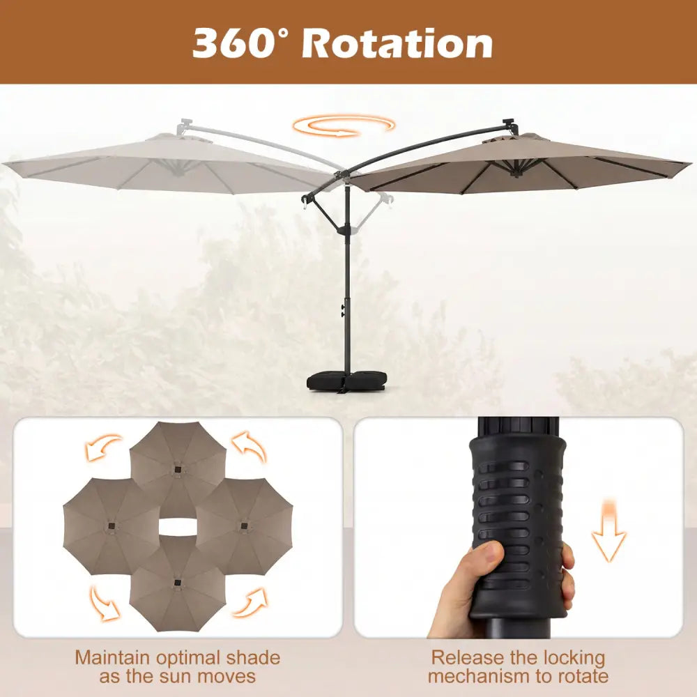 10 FT Solar LED Offset Cantilever Patio Umbrella Hanging Outdoor Market Umbrella-Brown - Brown - Outdoor Umbrellas