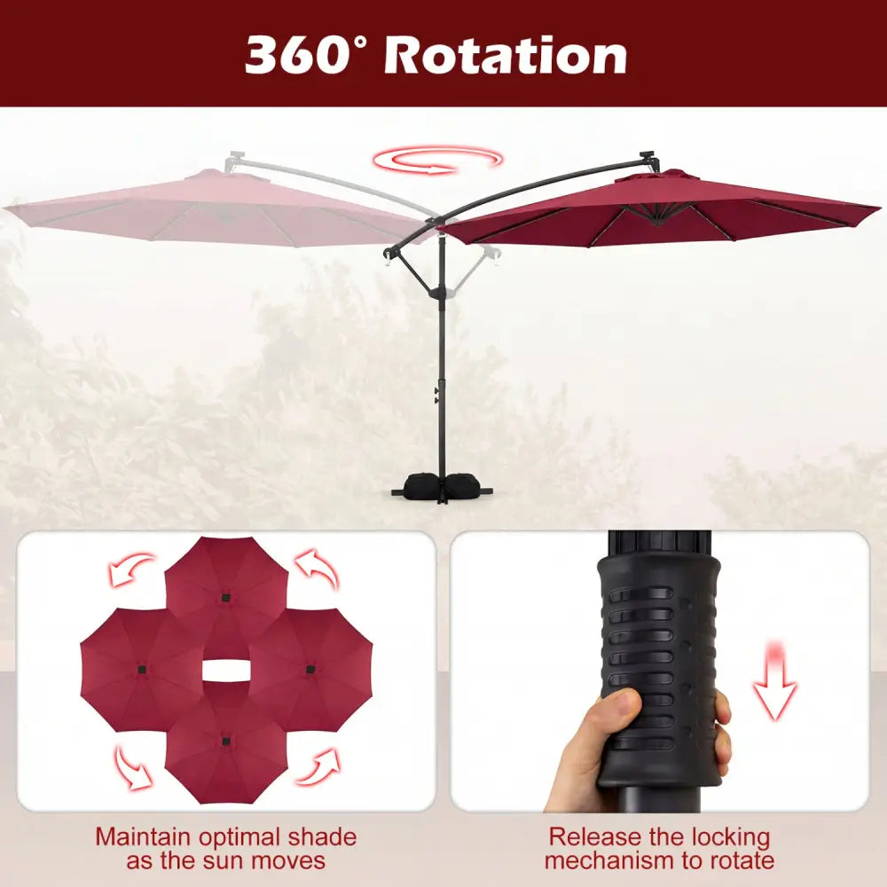 10 FT Solar LED Offset Cantilever Patio Umbrella Hanging Outdoor Market Umbrella-Red - Red - Outdoor Umbrellas
