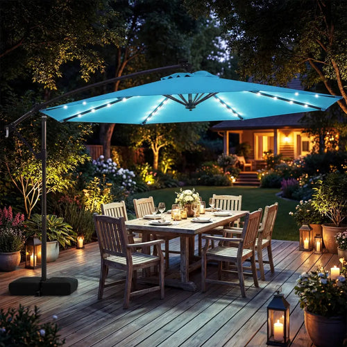 10 FT Solar LED Offset Cantilever Patio Umbrella Hanging Outdoor Market Umbrella-Turquoise - Turquoise - Outdoor